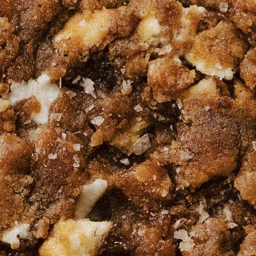 Macro crop of the Met cookie: a craggy top studded with pale chunks under flaky salt