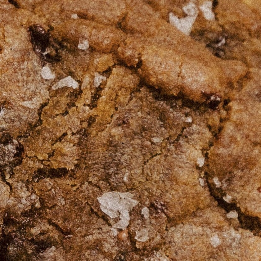 Macro crop of the OG cookie: golden crumb, melted chocolate, and flakes of sea salt